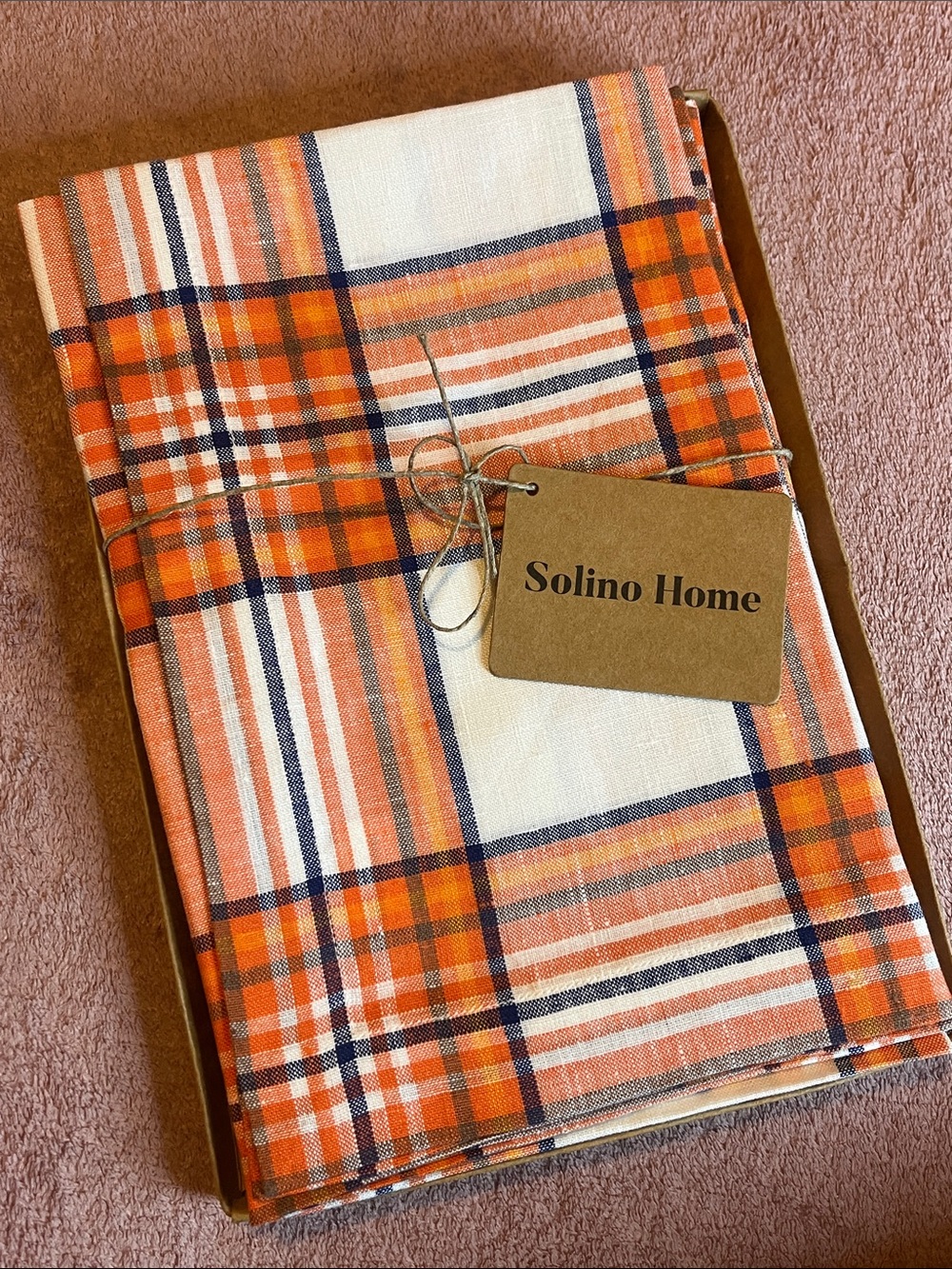 Solino Home Orange Plaid Linen Dinner Napkins Set of 4